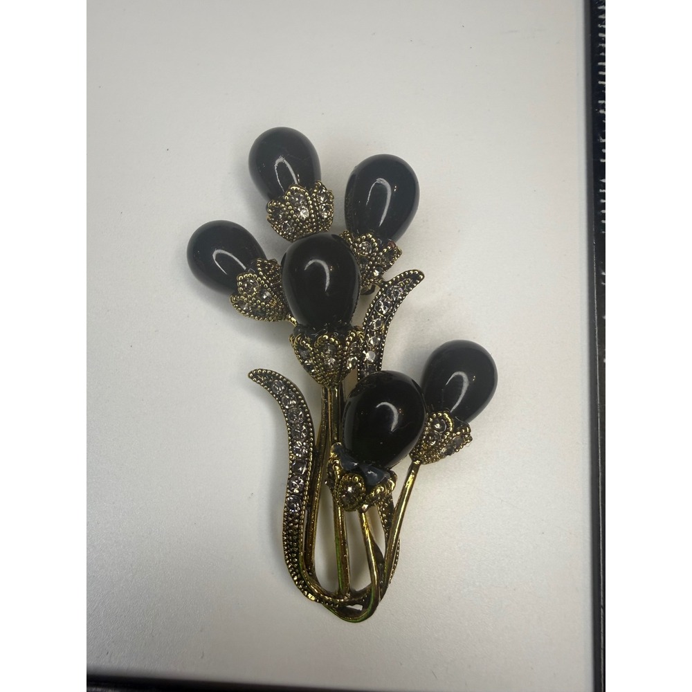 Gold Tone‎ Black Cabochon Floral Bouquet Brooch Rhinestone Accent Flower Pin